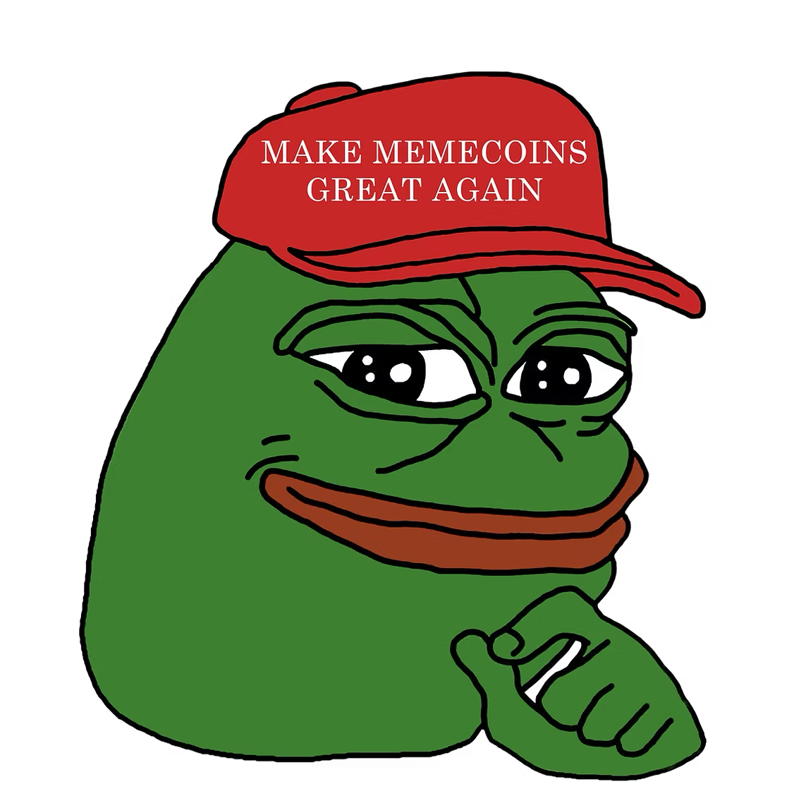Pepe wearing a red cap that reads Make Memecoins Great Again