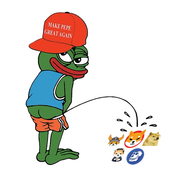 Pepe in a red cap turning his back on Shiba, Doge, Floki and Bored Ape